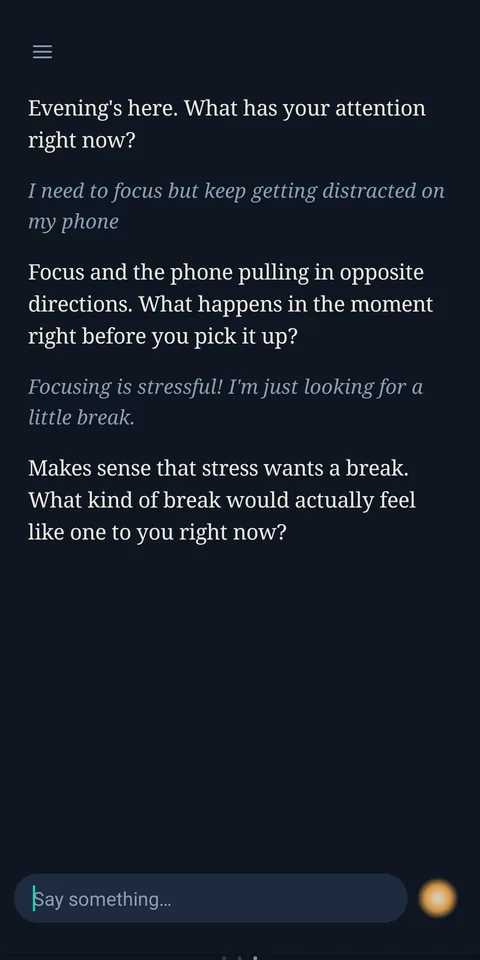 A conversation: the app asks what has your attention, and answers what you write.