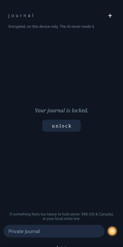 The journal locked: “Your journal is locked.” above an unlock button, under the same note that it is encrypted, on this device only, and the AI never reads it.
