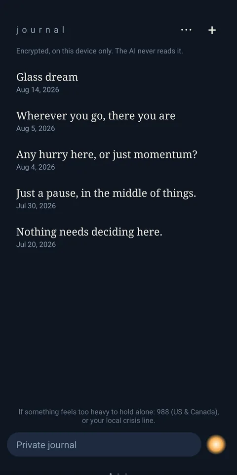 The journal: entry titles and dates, above a note reading that it is encrypted, on this device only, and the AI never reads it.
